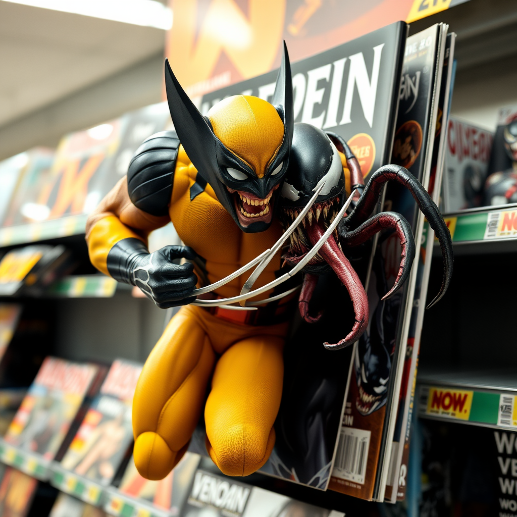 Jumping out of a Comic book cover on a store shelf is Wolverine and Venom. Wolverine has his claws placed into Venom in Cinematic Real3D photo-realistic quality.