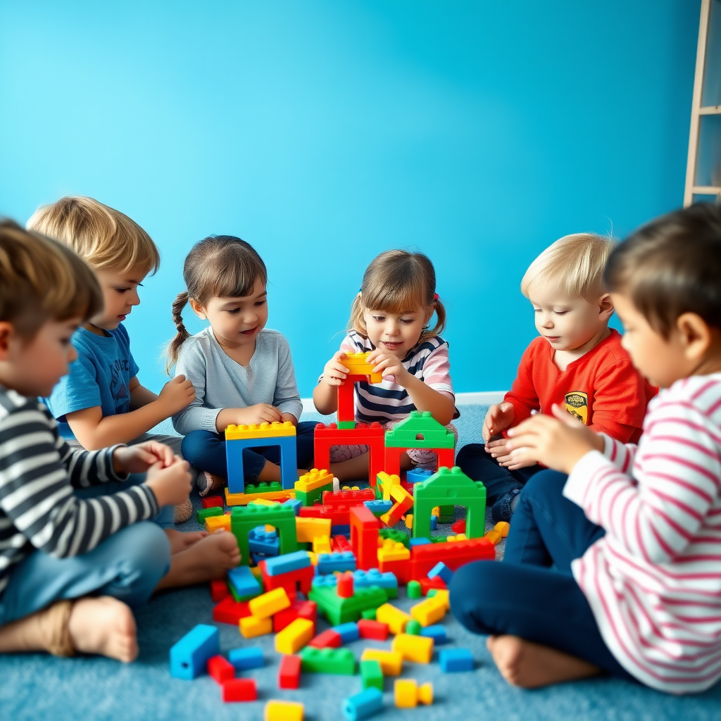 A group of 7 children playing toy building blocks, all from different continents, age 10, and the room in which they are playing should have blue-colored walls.