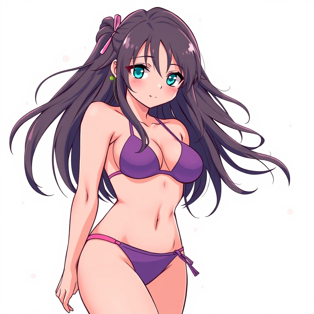 a high quality image of cute effeminate young man with long hair, and wide feminine hips, wearing a bikini, in an art style that is a mix between japanese manga style and western comics style