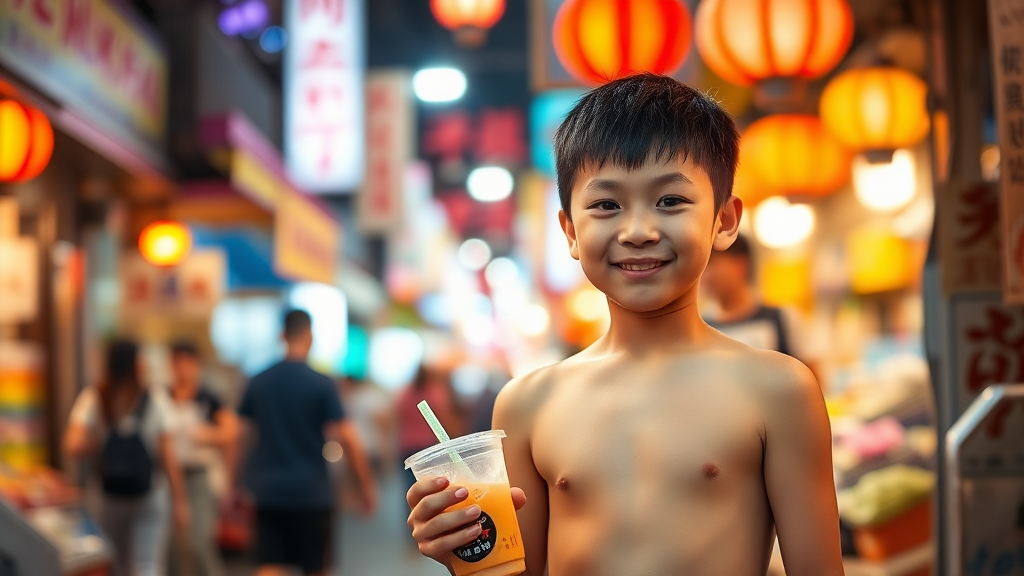 A bustling street scene, brightly lit, blurry, a Taiwanese boy wandering in a night market, facing forward, wearing a sweet smile, with a stout build, bare upper body, holding a bubble tea in his hand.