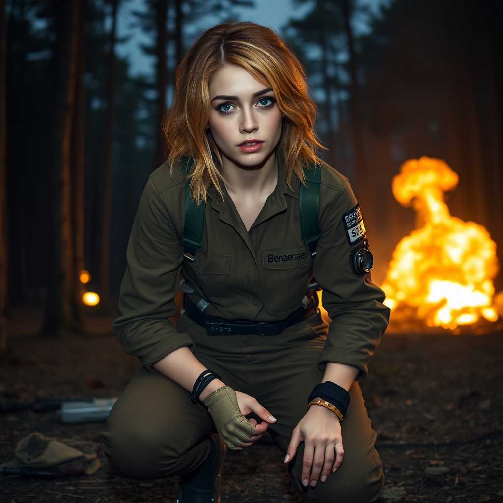 A twenty something female like Ana de Armas, athletic, medium length wild strawberry blond hair, in a brown jumpsuit, wearing a military uniform, name tag sewn on her left chest pocket that says "Benaenae". Science fiction equipment strapped to her. She is crouching in a forest at night, explosions in the background and trees all around.