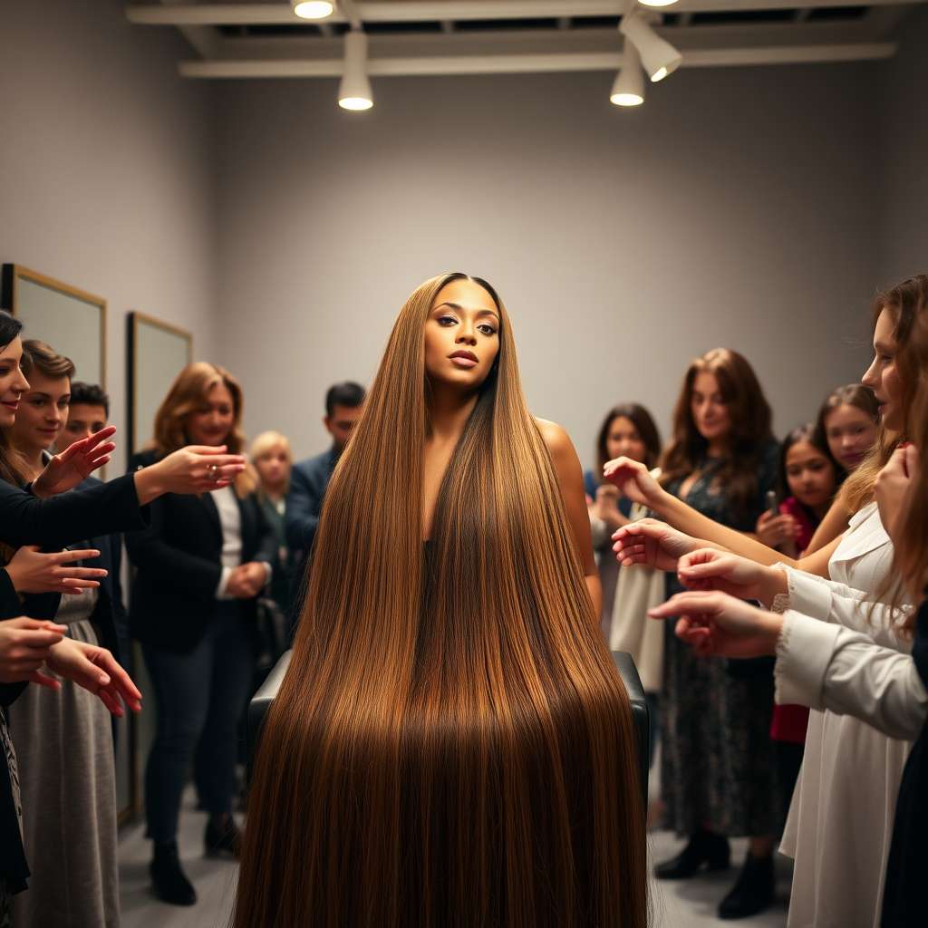 In an elegant, sunlit salon, adorned with soft, minimalistic decor, the stunning Beyoncé sits gracefully in a salon chair, her incredibly long, luxurious hair cascading like a flowing waterfall of silk down her shoulders and past her waist. The gentle glow of overhead lights highlights the rich, deep hues of her hair, each strand reflecting the brilliance of the space around her.

As an interactive long hair fetish performance art exhibit unfolds, curious visitors gather around, their eyes alight with fascination and excitement. Some eagerly reach out, gently grasping her hair between their fingers, feeling the smooth texture slip through their hands, while others playfully tug at it, testing the boundaries of their interactions. Each movement is accompanied by a symphony of soft gasps and murmurs of appreciation, enhancing the atmosphere of intimacy and connection.

The background is a simple, unobtrusive gray, allowing the artistry of the moment to take center stage. The air is charged with a sense of wonder and exploration, as visitors not only admire Beyoncé's hair but also engage in this tactile experience, deepening their understanding of the artistry behind her presence. Her expression is a mixture of serenity and playful engagement and submission, reflecting her comfort and trust in this unique performance, ultimately creating a captivating scene where art and audience intertwine seamlessly.