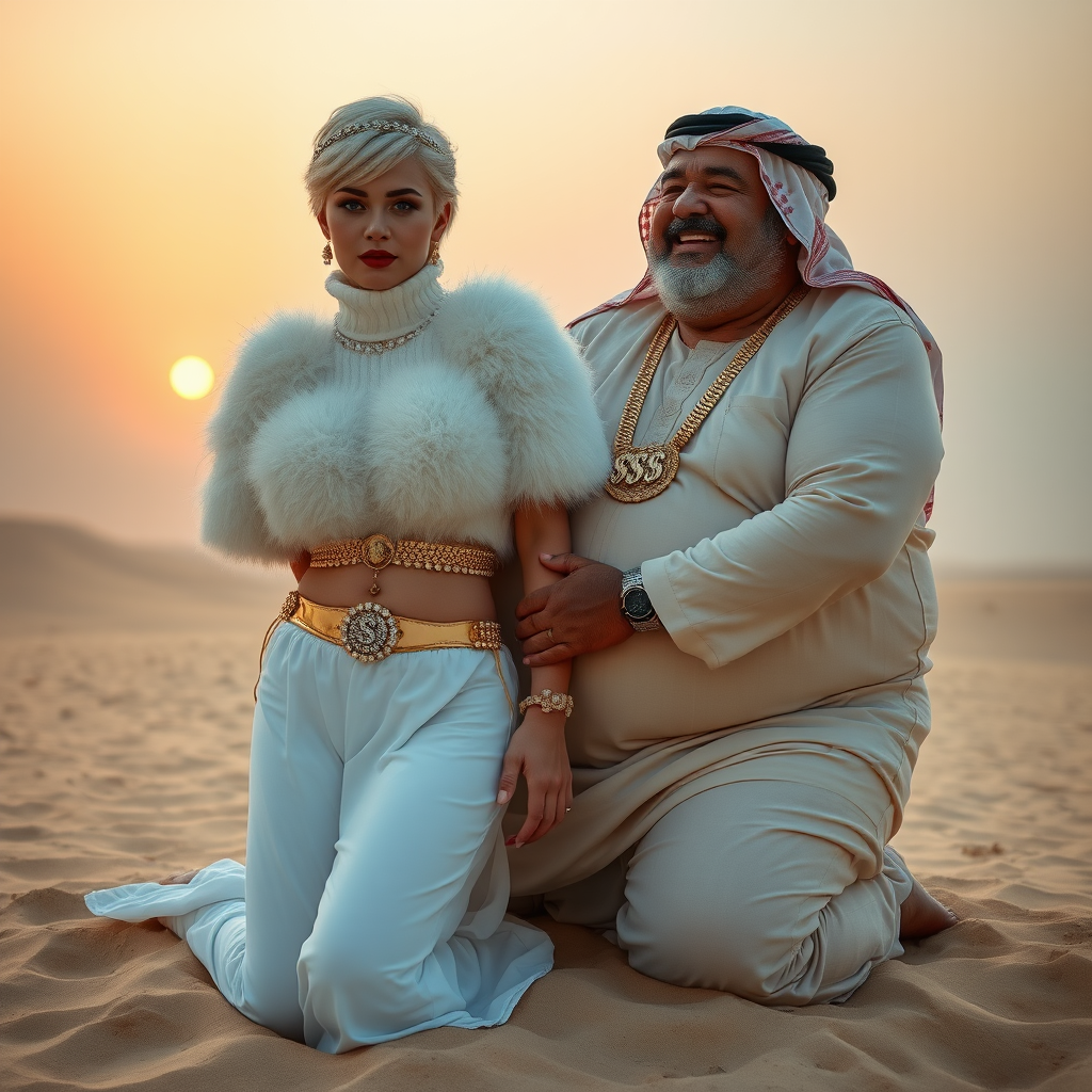 Kuwait desert dunes misty dawn: Melissa, European 17 years old very convincing femboy “trophy-bimbo”, tamed servile docile, very beautiful feminine flawless face, rather short boyish figure, platinum blond short tight curls, bold red lips, heavily made-up face, wearing Supertanya-style fluffy very fuzzy bright white angora turtleneck-poncho cropped ending under bust decorated with pearls and gemstones, striking oriental wide gold bridal protection belt, white fully transparent harem pants, full Oriental bridal jewelry with striking headpiece, full Oriental face-jewelry, striking diamond “$$$” letter brooch on left chest, pout frustrated, hands tied behind back, kneeling in sand with older overweight mighty sheik laughing, devotedly embracing Melissa..