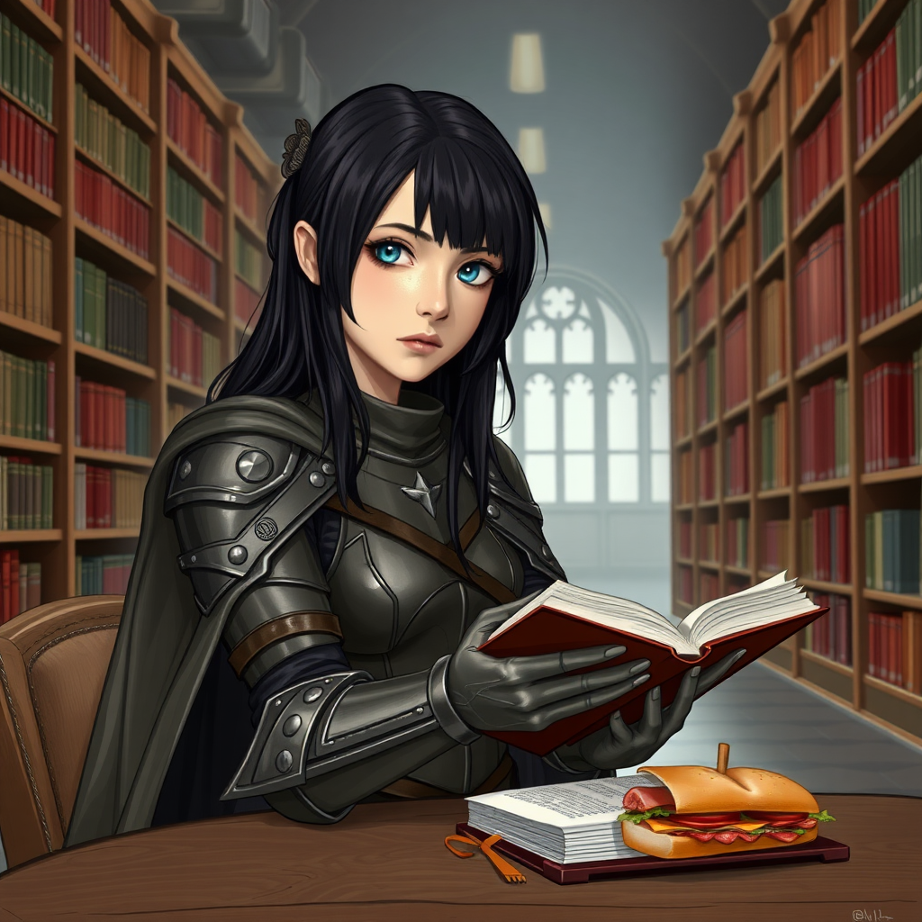 beautiful young woman, dark hair, past her shoulders, blue eyes, small, slim figure, wearing full leather armor suit, long cloak, reading a book at a table, with sandwich on the table, in a large school library.