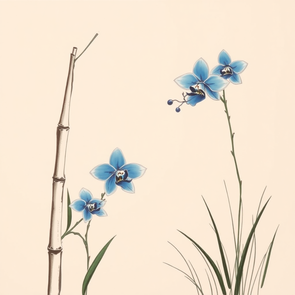 Simple drawing, bamboo, ink and wash painting of blue orchids and grass.