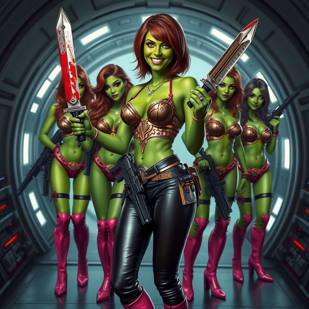 Tall, beautiful green skinned woman. Her brown hair is in a shag-cut style. Her eyes are gold. She is dressed in an ornate metal bra. She is wearing black leather pants, with pink knee high boots. She is holding a large, bloody dagger in a threatening manner. She is smiling. A sci-fi looking gun is holstered at her hip. Four other green-skinned woman, dressed in metal bikinis, each carrying a weapon, stand next to her. They are at a sci-fi looking space-port.