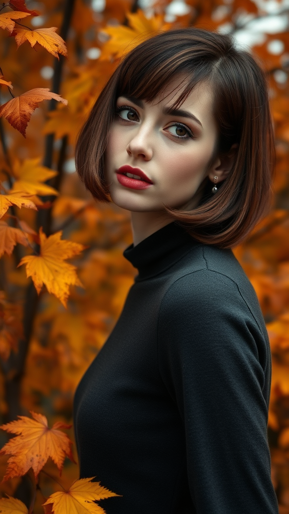 Beautiful model Anne Hathaway with a square bob haircut, amidst autumn foliage, in high definition.