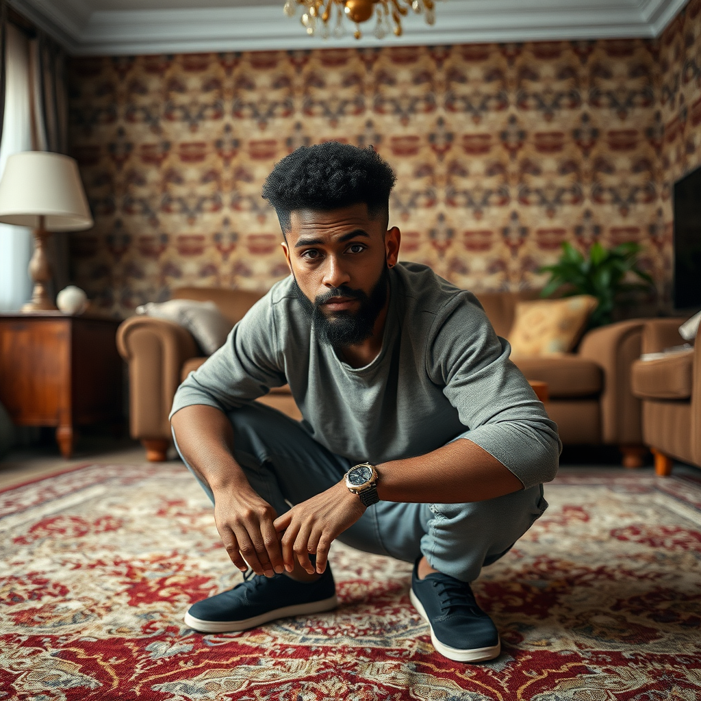 amateur iphone photography, a person, highly detailed short man squatting casually on a carpet in living room, realistic, he has buzzcut hairstyle, black curly dense hair type, very visible receding hairline on his temples, M shaped hairline, his neck is short, dark skin Austronesians descendant. thick beard, no moustache. slight motion blur, jpeg artifacts, high contrast, on flickr in 2007, 2005 blog, snapchat photo, intricate highly detailed background, grainy, noise, wearing casual clothes, wide shot,