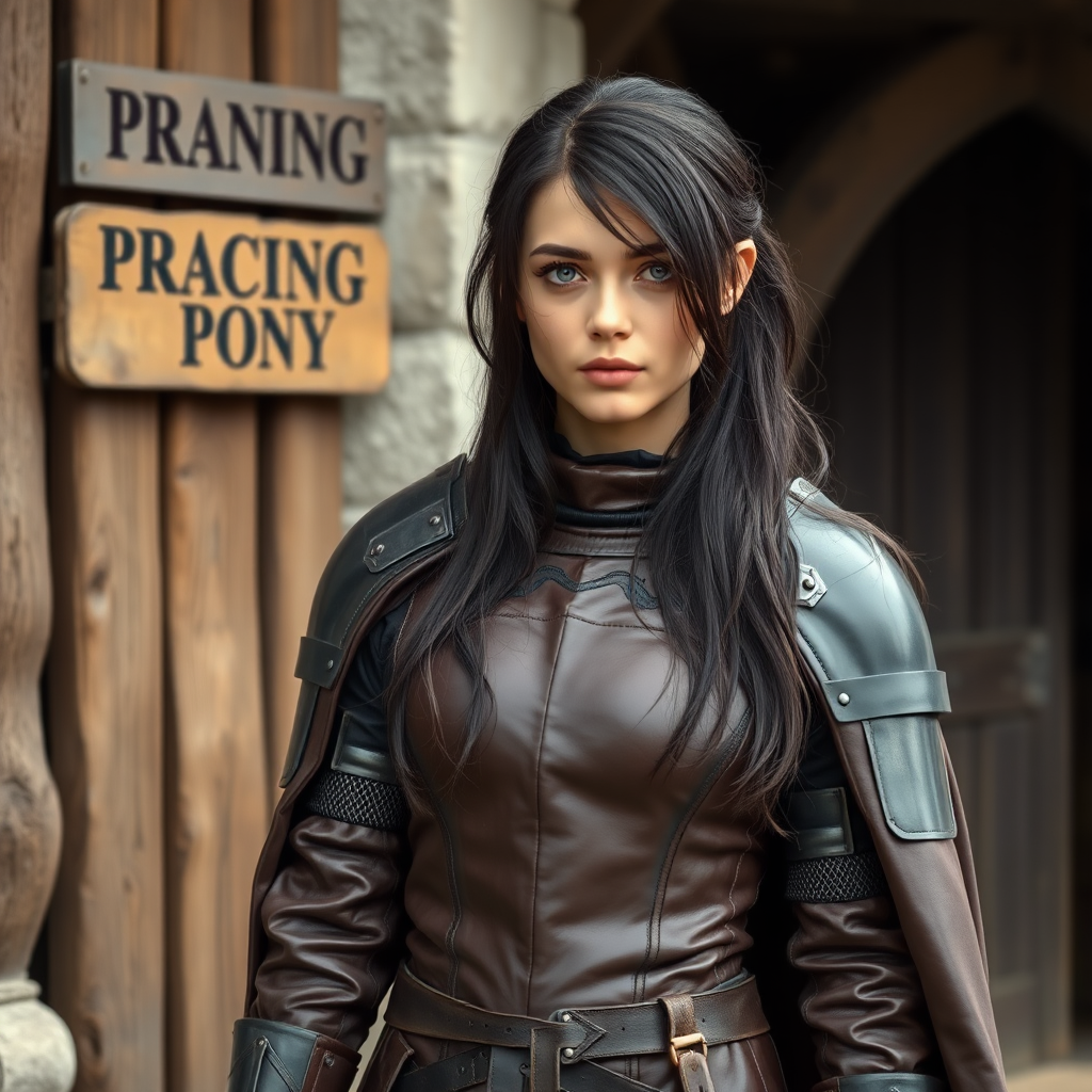 beautiful young woman, dark hair past her shoulders, blue eyes, small, slim figure, wearing full leather armor suit, long cloak, standing next to medieval wood building with a sign: "Prancing Pony".