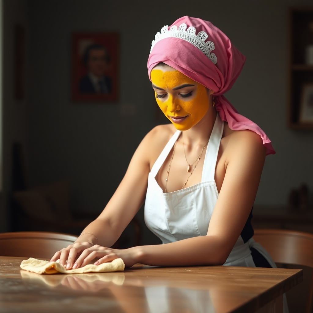 slim, 30 year old, sexy, french maid, pink scarf head, turmeric face pack. She is cleaning a table with a cloth