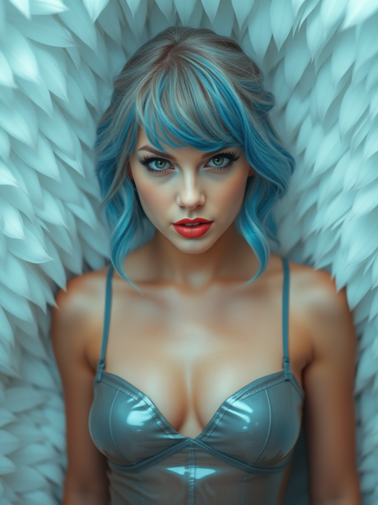 Taylor Swift, inside in a white plumes room, blue hair, green eyes neon, mouth closed with a sarcastic expression of irony, using gelatin swimsuit translucent metallic, front posing, full body view, Image 9:16 Resolution HD High Quality