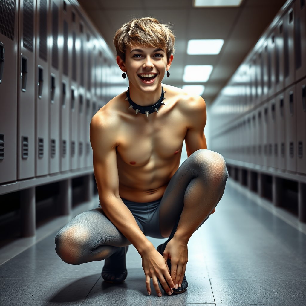 photorealistic, ultra high resolution, 16K, surreal fantasy, studio lighting, Tyler Swift is a pretty 18 year old dog-boy, slim male physique, crotch bulge, short brown hair, goth makeup, earrings, spikey dog collar, grey pantyhose, crouching on the floor in the locker room, excited smile, full body view, facing the camera.