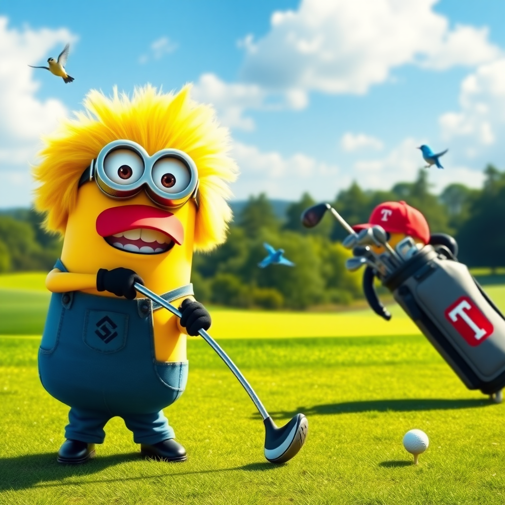 A minion from "Despicable Me" is playing golf on a beautiful golf course. He has a big bright yellow wig of hair. Another minion wearing a red ballcap with the letter "T" emblazoned on it is carrying his golf bag with the golf clubs in it. There are bluebirds and sunshine and the scene is beautiful and peaceful.