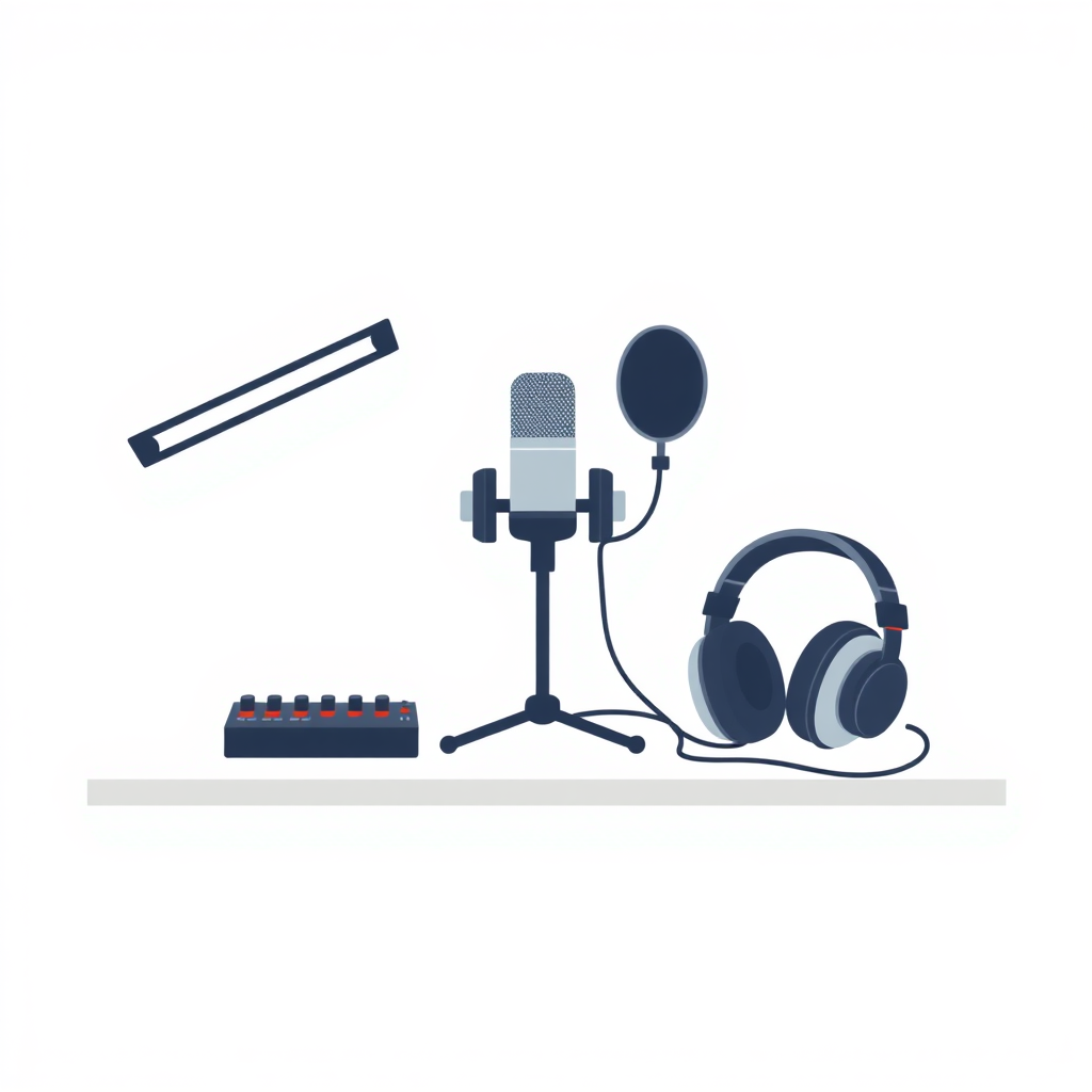 A minimalist, flat design illustration of a podcast setup. The image should include a microphone on a stand, headphones, and a sound mixer on a simple desk or tabletop. The background should be a plain, neutral color like white, gray, or light blue. The overall style should be clean, modern, and visually appealing as a generic stock image for podcasting.