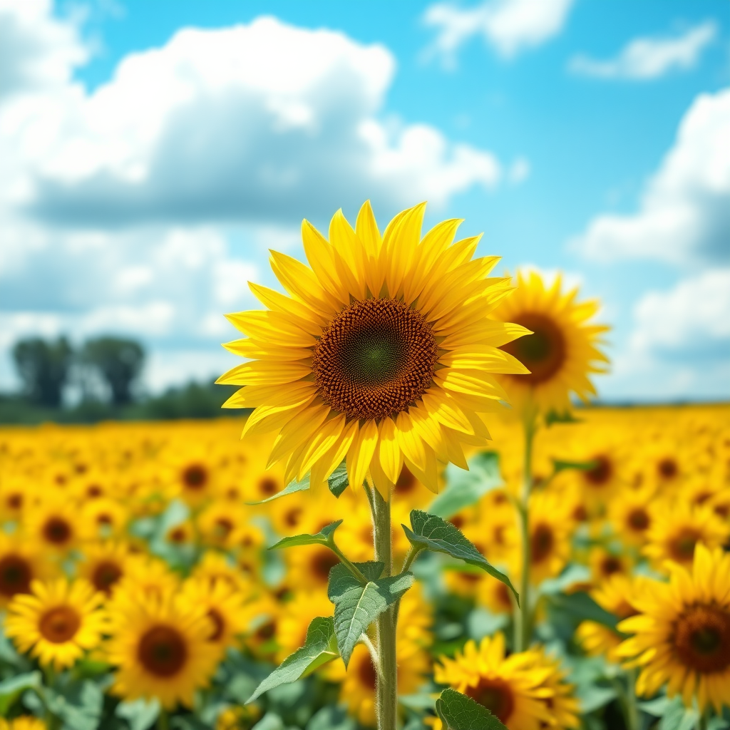 A vibrant field of sunflowers under a bright blue sky with fluffy white clouds. The scene is infused with a sense of warmth and cheer, showcasing a hyperrealistic aesthetic. In the foreground, a large sunflower stands tall, displaying its bold, sunny yellow petals radiating outward, while the intricate details of its brown seed center are highlighted. The background is filled with countless sunflowers, creating a sense of depth and continuity, their bright yellow colors contrasting against the deep green foliage and stems. Soft light enhances the saturation of the colors, and a gentle breeze sways the flowers slightly, adding a dynamic element to the serene landscape.