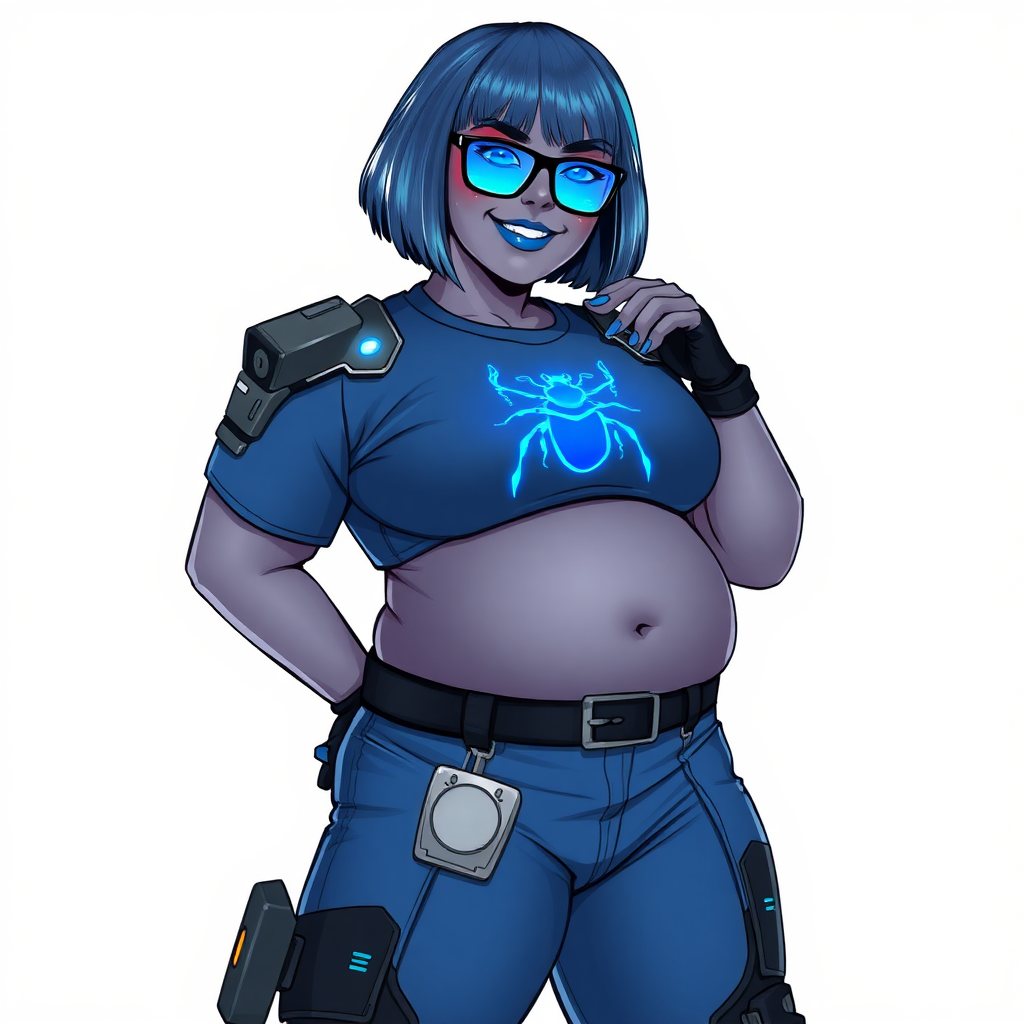 A 28-year-old, full-figured, metallic middle gray (N5) skinned computer program hybrid with a maximum blue bob cut. She has a full-figured, non-athletic build, highlighted by a prominent, round, large midsection (with full emphasis on her large belly), which shows the effects of her new love of junk food acquired from her boyfriend. As the full-figured, nerdy, digital sidekick to her cyberpunk vigilante boyfriend, her metallic middle gray (N5) skin and maximum blue lipstick emphasize her digital nature. She wears a digital, computerized costume, consisting of a huge, tight-fitting, maximum blue t-shirt with a neon blue glowing chest icon of a beetle, hi-tech shoulder pads with neon blue accents, a black hi-tech belt with a maximum blue beetle digital buckle, digital maximum blue biker pants with neon blue accents, and black hi-tech biker gloves with neon blue glowing accents. Her neon blue glowing eyes, black eyeglasses with neon blue lenses equipped with a built-in HUD, and bashful smile with neon red blush accentuate her nerdiness. She stands bashfully with one hand behind her back and the other hand gently touching her cheek, her costume covering all her skin (including her large midsection) and heavily emphasizing her full-figured physique (especially her large belly). She is clearly non-athletic, with a full focus on her full-figured physique. Despite her full-figured build, she radiates beauty. She has a slim face compared to her physique, accentuating her radiant beauty. She is on a solid white background. She is drawn as if she were in a retro 2D cyberpunk fighting game. Ensure she has a metallic middle gray (N5) skin color.