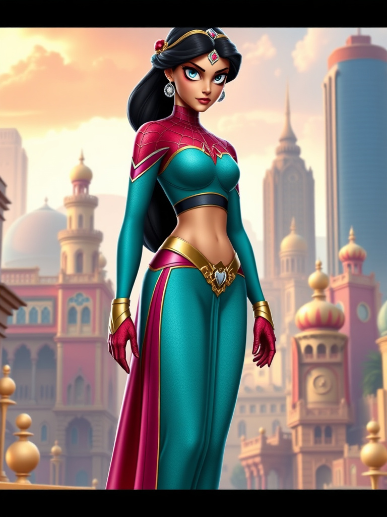 Create a full-length photorealistic render featuring Princess Jasmine with Spider-Man's body type. Retain Jasmine's head while adjusting the body structure and silhouette to reflect Spider-Man's physique and gender. Modify her costume to fit this new body type, ensuring it retains elements of her original design. Place the character in a vibrant, appropriate background that blends elements of Agrabah and a modern urban cityscape, symbolizing a crossover between their worlds. Please maintain a balance of both characters' themes in the setting.