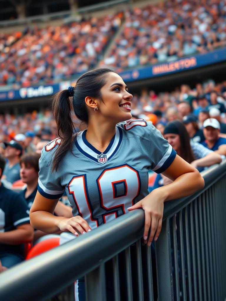 Very attractive female NFL fan, huge chest, jersey, cheering, leaning forward over barriers, pigtail hair, crowded stadium bleacher row