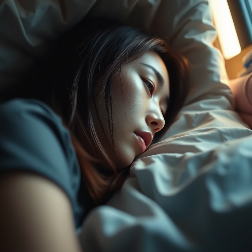 photo hyperrealistic low angle POV side view Karen Fukuhara sleeping