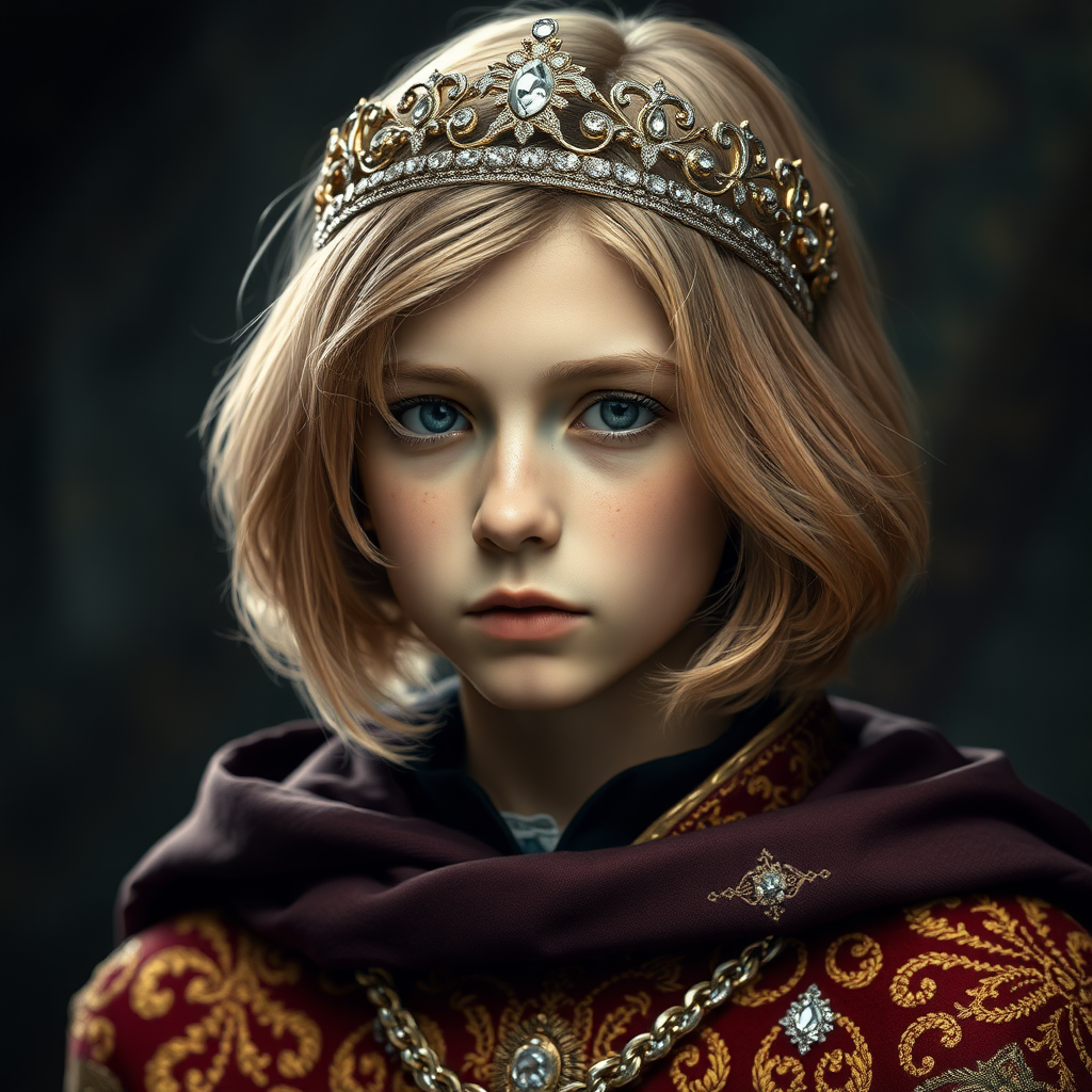 16yo teen boy prince, long bob cut, embroidered with gold and diamonds medieval cloths, diamond diadem. photorealistic, ultra high resolution, 16K,