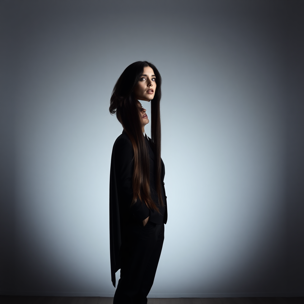 In a well lit room with stark minimalist decor, a magician stands confidently before the camera, his sharp silhouette contrasting against the plain gray background. The atmosphere is thick with a blend of intrigue and eeriness as he holds aloft the severed head of his long-haired female assistant. Her flowing locks cascade around his fingers, glistening dark and vibrant as they catch the light. The magician, with an enigmatic smile, leans forward, pressing his lips to her cold mouth in a disturbing display of affection.

The scene is quiet, except for the soft rustle of fabric as the magician’s cape drapes dramatically around him. A faint chill seems to fill the air, heightening the surreal and macabre nature of the tableau. The head’s lifeless eyes, framed by long lashes, still reflect a glimmer of magic and mystery, inviting the viewer to question the boundary between illusion and reality. The minimalist decor emphasizes the unsettling focal point of the performance, leaving the audience trapped in a moment that is both captivating and chilling.