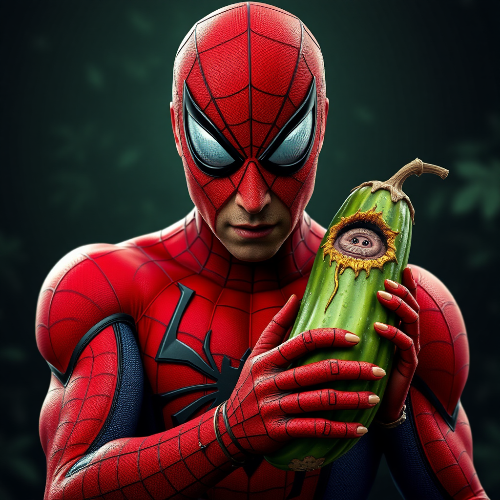 Ultra realistic. Picholas cage. Nicolas cage pickle. Spider-Man holding a humanoid pickle that looks like Nicolas cage as a swamp creature. The pickle has the face of Nicolas cage and claws. Nicolas cage face