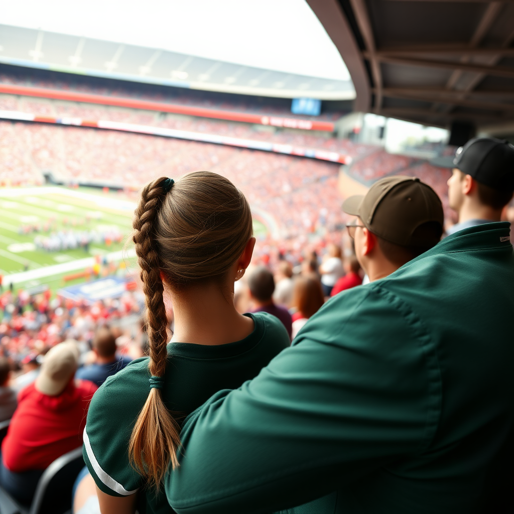 Attractive female NFL fan, pigtail hair, watching the game with friends, inside crowded bleachers, NFL stadium