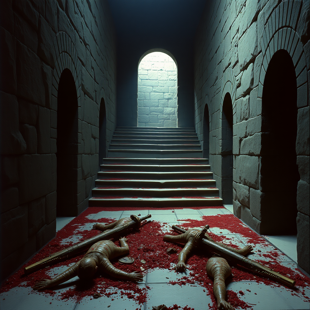 highly detailed realistic 35mm fantasy movie still photograph from 1981 of  Past the third pair of alcoves and at the end of the corridor from the entrance are two steps up. At the top of the steps, the corridor continues straight ahead, and corridors meet from east to west. At this intersection is a grisly sight—the re¬ mains of a hand-to-hand battle where no less than five combatants died.