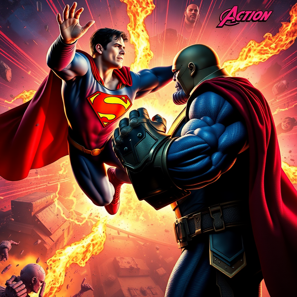 jumping out of an epic comic book cover and out of the screen is Superman Vs Thanos. Superman rips off the infinity gauntlet on Thanos's hand. Cinematic Real3d photo-realistic quality.