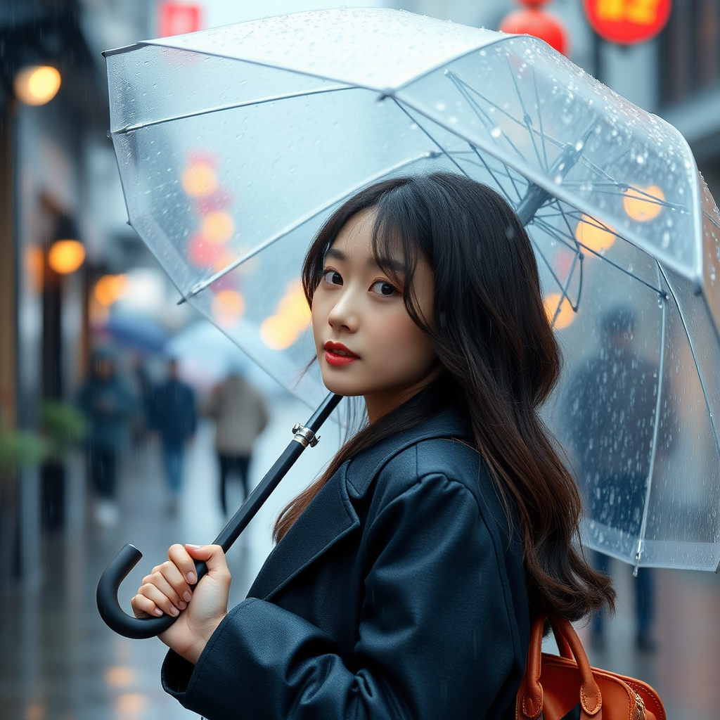 The most beautiful Korean woman holding an umbrella on a rainy day