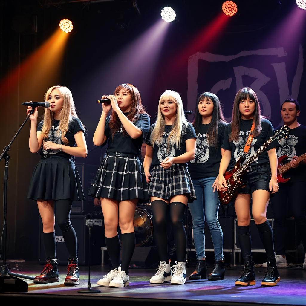 A girl band on stage - although the members of the band are aged about 25, they are dressed in mock schoolgirl outfits - backing band all in black heavy metal type t-shirts and jeans.