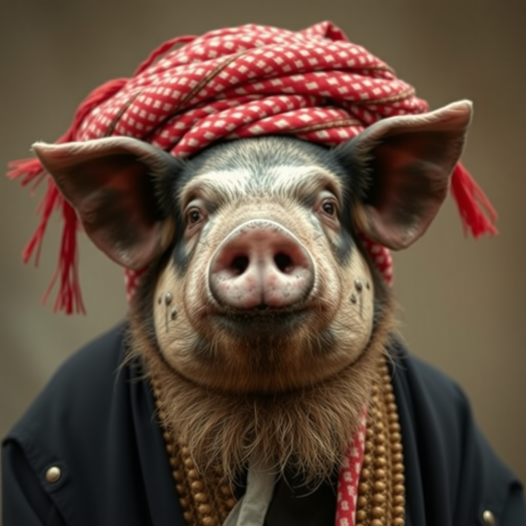 Fat dirty pig in ayatollah's headdress.