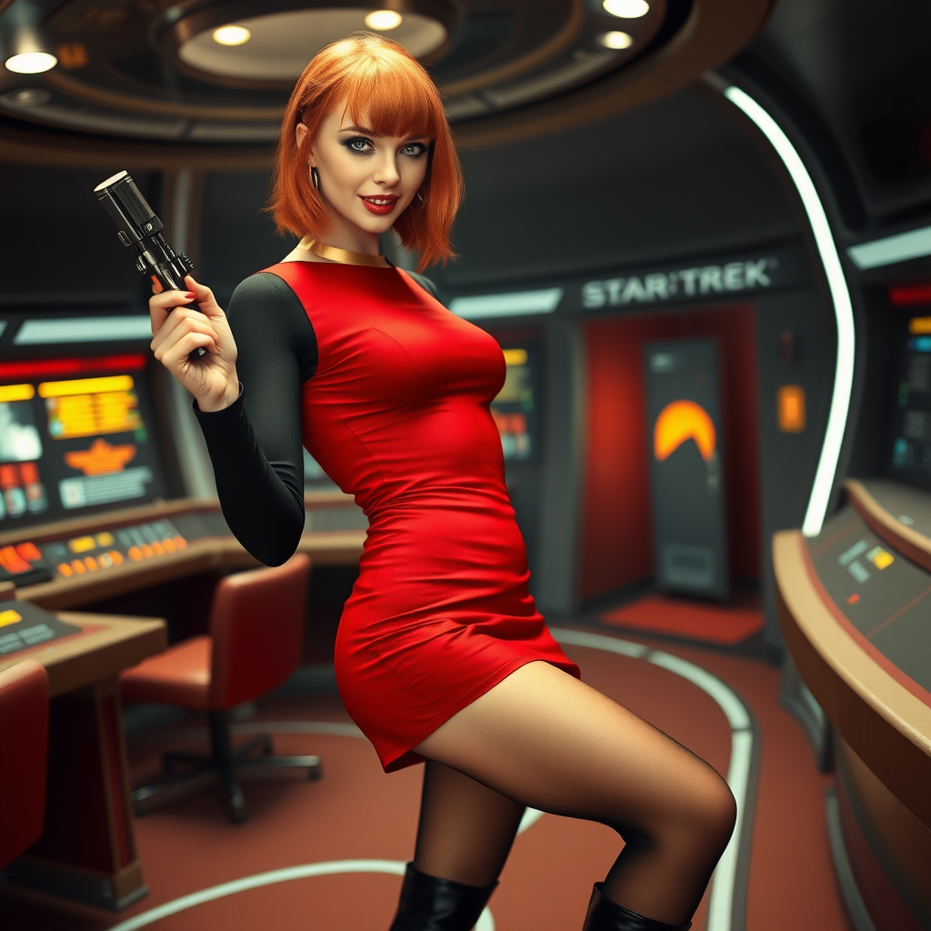 photorealistic, ultra high resolution, 16K, surreal fantasy, bright studio lighting, Tyler Swift is a pretty 24 year old male, slim male physique - no visible breast bulge, red hair, emo makeup, set on the bridge of Enterprise in Star Trek tv series, short red mini-dress, sheer black pantyhose, black stiletto calf-length boots, holding a phaser in his right hand, excited smile, facing the camera.