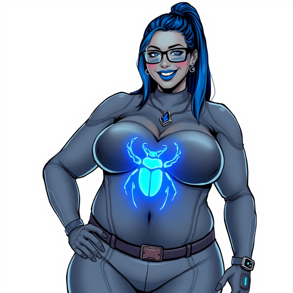 A cyberpunk vigilante’s full-figure middle gray metallic skinned computer program hybrid 28-year-old digital sidekick and loyal girlfriend. She has a long maximum blue ponytail and middle gray metallic skin. She wears maximum blue lipstick, blue eyes, a sapphire beetle gemstone necklace, sapphire earrings, black eyeglasses, and an oversized, digital, computerized, middle gray bodysuit featuring a neon blue glowing beetle chest icon accentuating her prominent, round, gargantuan midsection. She sports a beaming smile with a neon red blush. She serves as his minicomputer operating in his hi-tech wristwatch and supercar's onboard computer using her ability to hack into machines and computer to relay vital mission information. The background is solid white. She is drawn as if she was in a retro 2D cyberpunk fighting game. Her midsection is bloated to emphasize her figure.