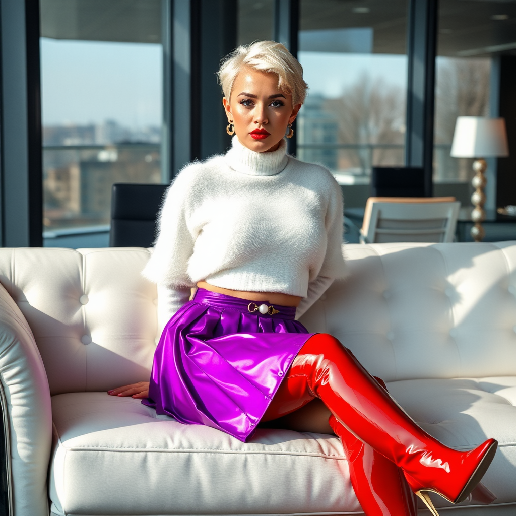 Sunny spring morning, modern glass-steel-concrete CEO office, sitting on white leather sofa: Nina, 17 years old very convincing femboy, tamed servile docile, very beautiful feminine flawless face, rather short, by hormones very curvaceous womanly figured, platinum blond short tight curls, bold red lips, heavily made-up face, wearing Supertanya-style fluffy very fuzzy bright white angora turtleneck-poncho cropped ending under bust, purple vinyl pleated mini-skirt, bright red shiny vinyl thigh-high OTK-boots with golden high heels, white pearl belly piercing, gold earrings, hands tied behind back, pout frustrated, looking at camera. Focus on face turtleneck-poncho skirt.