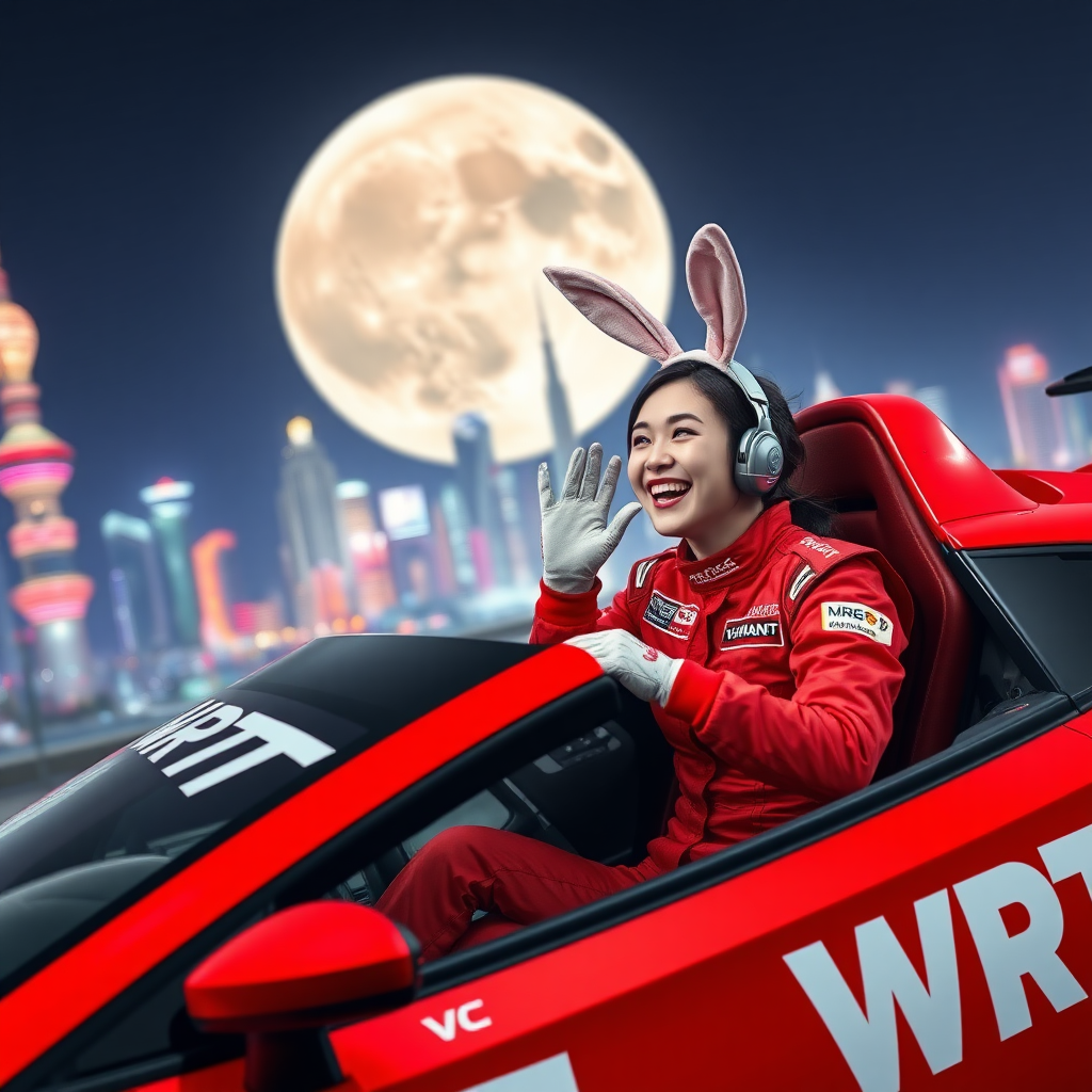 A red race car with only "WRT" written on it, a Chinese beauty racer wearing bunny ears on her head, sitting in the car, laughing and waving her racing gloves. The red racing suit also only has "WRT" written on it, with the backdrop of Shanghai's night skyline and a gigantic moon.