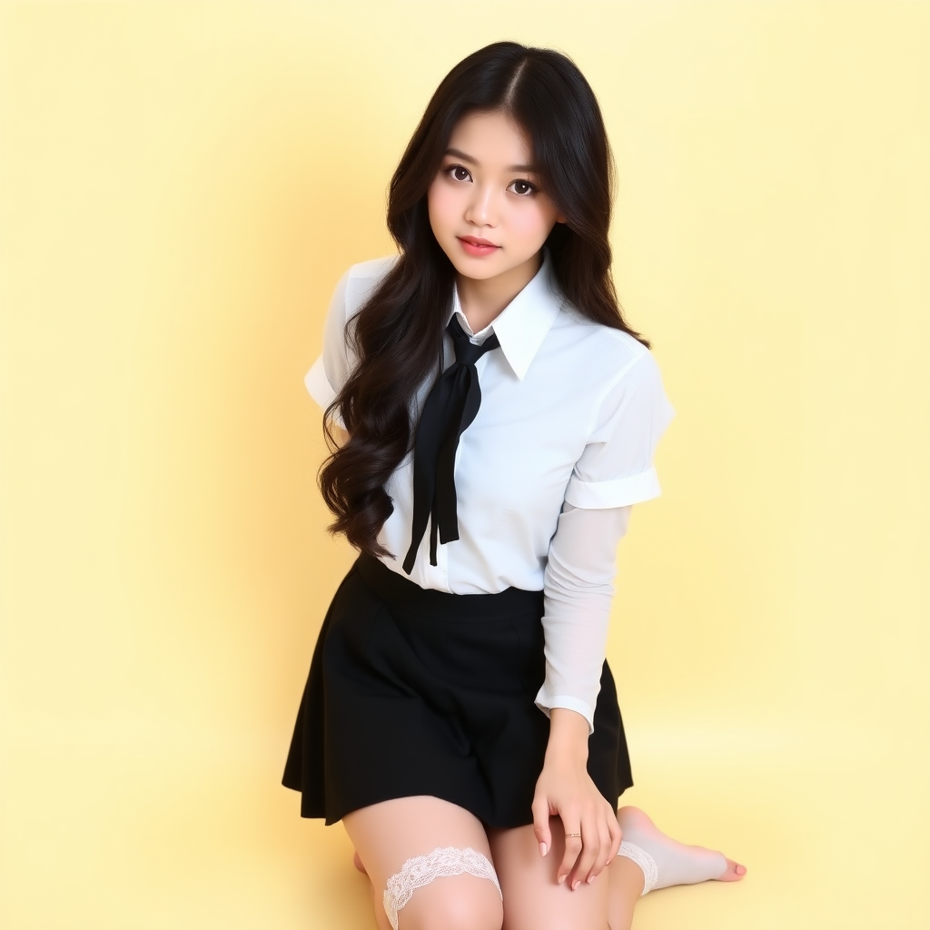 Asian portrait. A young woman, possibly in her early twenties, with long, wavy black hair and fair skin, is kneeling in front of a light yellow background. She has lovely eyes and is looking towards the camera. She is wearing a white shirt with a tie, a black mini skirt, white lace stockings and no shoes.