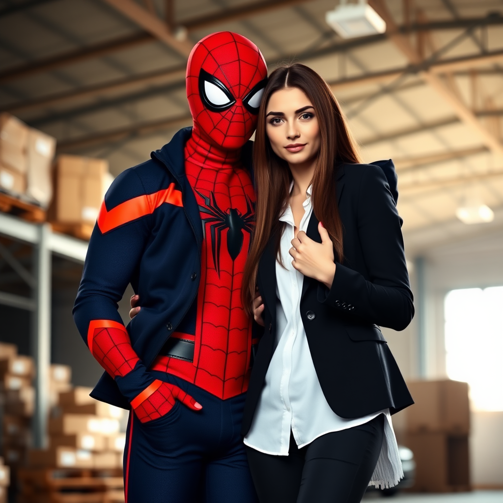 Spider-Man wearing classic red and blue Spider-Man suit and a beautiful straight long haired female burglar in a black blazer over white shirt with black pants hugging each other as a loving couple in a warehouse.