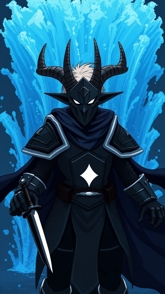 (Anime-pixel art) background of a massive blue-black-dark fountain erupting into the air, a fierce and violent knight stands poised for battle. She wears sleek, black knight armor, marked by a small perfect white eye symbol at its center, exuding an air of intimidation. Her face is obscured by a terrifying goat-like mask, with a single glowing white eye on the right, and another white eye symbol perched at the top of the mask, adding to her menacing presence. The knight's imposing silhouette is accentuated by two large, dark-silver shoulder guards that gleam ominously in the darkness. Draped behind her is a flowing dark-blue cape that billows dramatically, hinting at her formidable power. Atop her head, two impressive deer antlers rise, further enhancing her fearsome appearance, while her short, tousled blonde hair peeks out from beneath the mask. In the left hand of her palms, she wields a black-dark knife with a white aura around its edges.

This is the Roaring Knight, known as Mayor Holiday from Deltarune, captured in a striking full-body view that highlights both her ferocity and enigmatic allure.