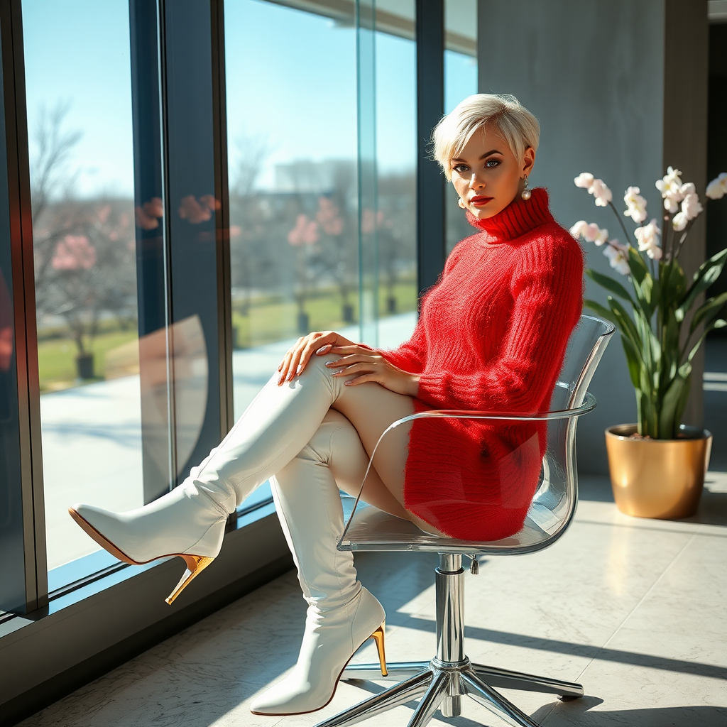 Sunny spring morning, modern glass-steel-concrete office, sitting on glass chair at wall, waiting for the master: O., European 17 years old very convincing femboy “trophy-bimbo”, tamed servile docile, very beautiful feminine flawless face, rather short boyish figure, platinum blond short tight curls, bold red lips, heavily made-up face, long French nails, wearing Supertanya-style chunky fluffy very fuzzy bright deep red mohair figure-hugging turtleneck-knitdress with white pearl decoration, white vinyl thigh-high boots with golden heels, pearl earrings, serious, leaning forward presenting her assets, arrogantly looking at camera.