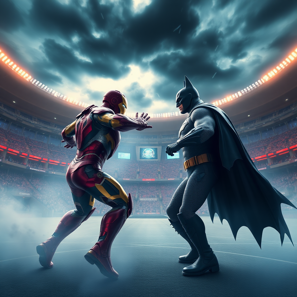 In the center of a vast stadium, Iron Man faces off in a fierce battle with Batman. The 3D rendered image is stunningly photorealistic, every detail brought vividly to life. A magical, ethereal glow surrounds the scene, casting intricate dramatic shadows on the combatants beneath a stormy sky. The impeccable quality of the rendering immerses viewers in the epic clash between these legendary figures, creating a truly mesmerizing visual experience.