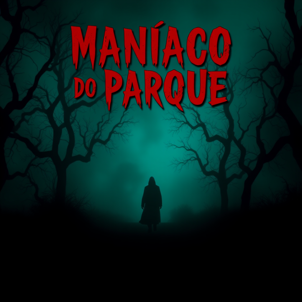 Create a YouTube thumbnail (1024x576) featuring a dark, foggy park scene. In the foreground, a shadowy figure lurks among twisted trees, creating a sense of dread. Use a gradient background of deep greens and blacks to enhance the eerie atmosphere. Place the title 'Maníaco do Parque' prominently at the top in a bold, horror-style font with a blood-red outline for emphasis. Add subtle textures like cracks or shadows to create depth, ensuring the overall design conveys a sense of psychological horror.