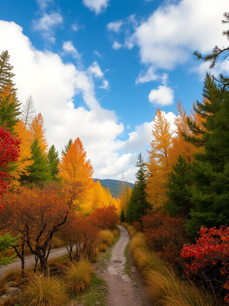 Autumn Forest with alpine vegetation with a path, sky with clouds in high definition