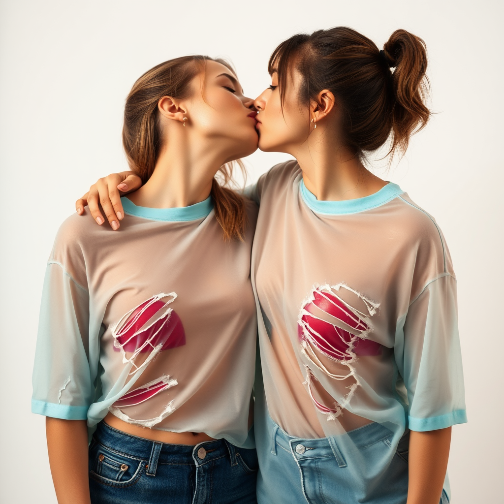 two women in ripped and torn wet transparent t-shirts kissing