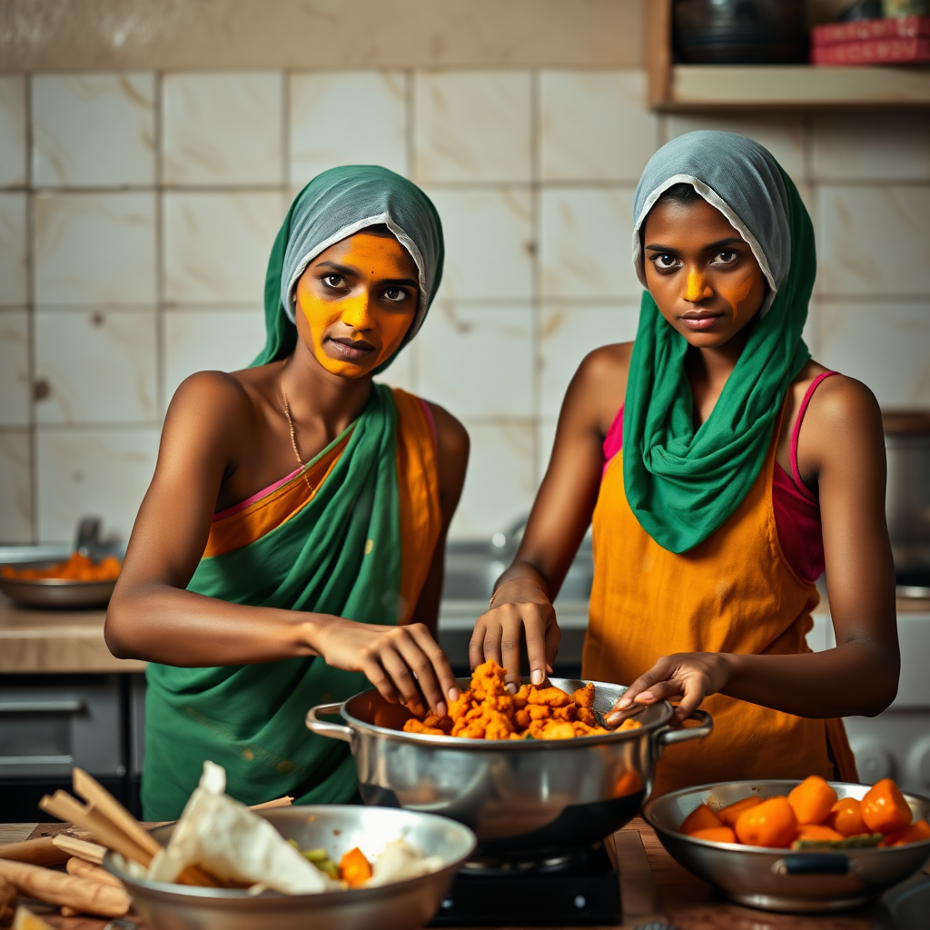 2 slim, 30-year-old Indian maids with hair coverings. They are cooking food in the kitchen. Their face is covered with a turmeric face mask.