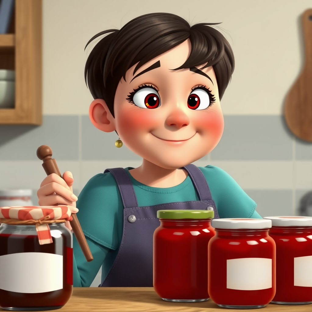 Create an image in Pixar style of a 35-year-old young woman who has Down syndrome, which should be visible in the image. She has a round face, small eyes, a small nose, and short hair. She is making jams, and there are jars of jam next to her.