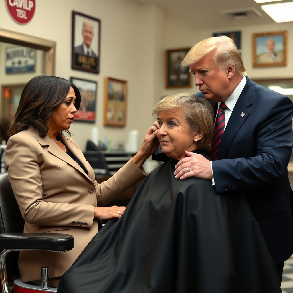 Kamala Harris sitting in a barbershop while Donald Trump cuts her hair.