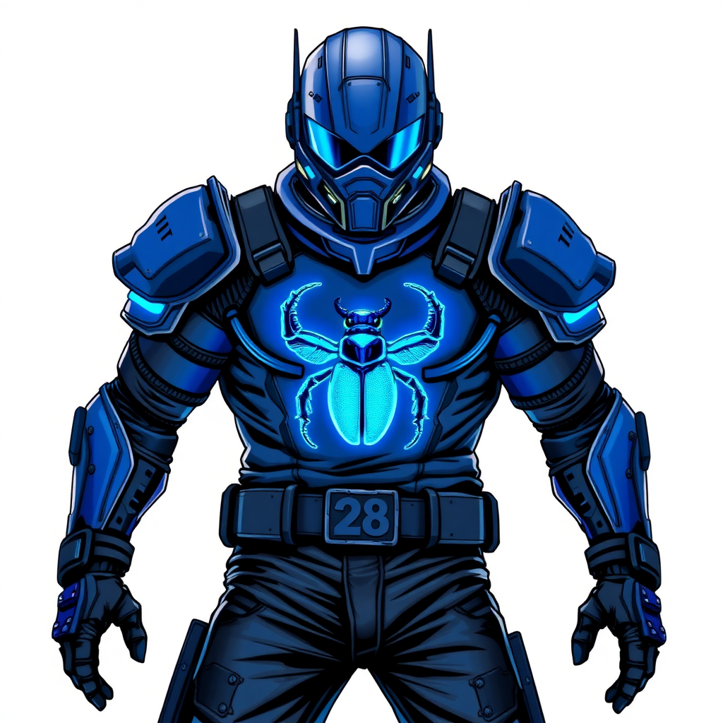 A 28-year-old cyberpunk vigilante stands heroically, clad in high-tech, maximum blue leather armor featuring a neon blue glowing beetle on the chest. They wear black biker pants, a black belt with a sapphire beetle buckle, and a head covering helmet resembling a sleek, tactical design, but colored maximum blue with neon blue glowing lenses. Their hands are protected by black metal gloves, all set against a solid white background. He is drawn as if he was in a retro 2D cyberpunk fighting game.