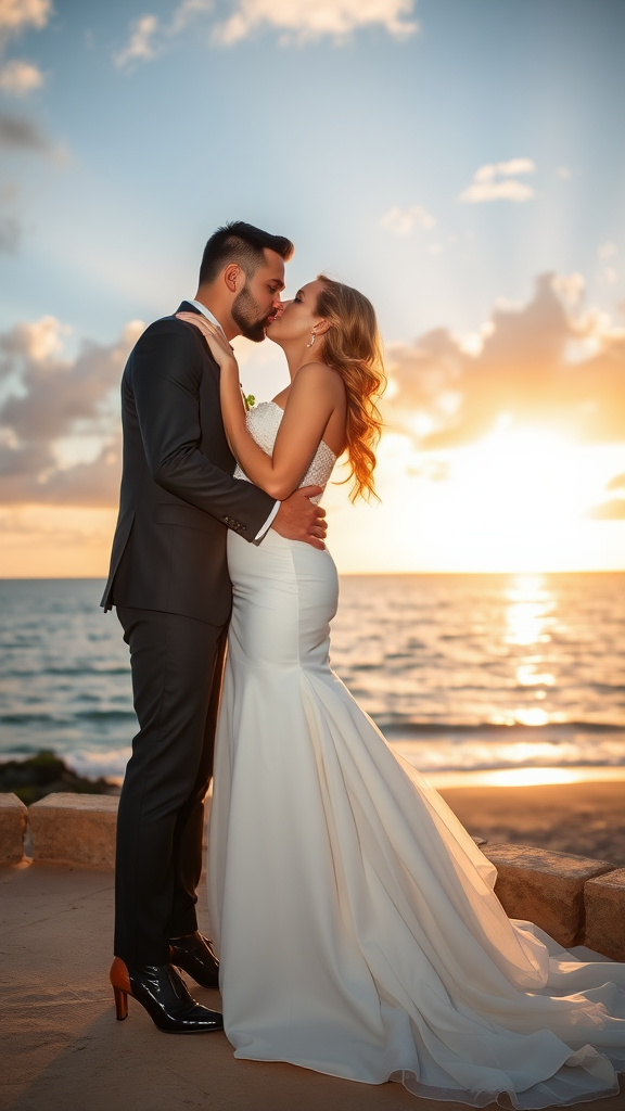 In the background, the bride and groom are elegantly dressed, she in high-heeled shoes and he in patent leather shoes, he passionately kisses the bride, with the sea and a beautiful beach in the background, sky at sunset with sun rays and clouds.