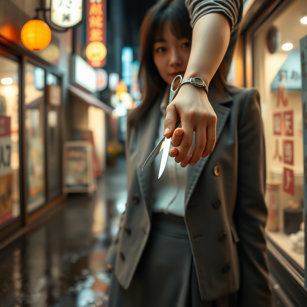 Camera focuses on the lower portion of a young Japanese businesswoman who wears a grey blazer and grey skirt. In her right hand she holds a pair of scissors. The scissors gleam from the lights of the shops in the surrounding alleyway. The lights of the shops are reflected in the rain puddles of the alleyway.